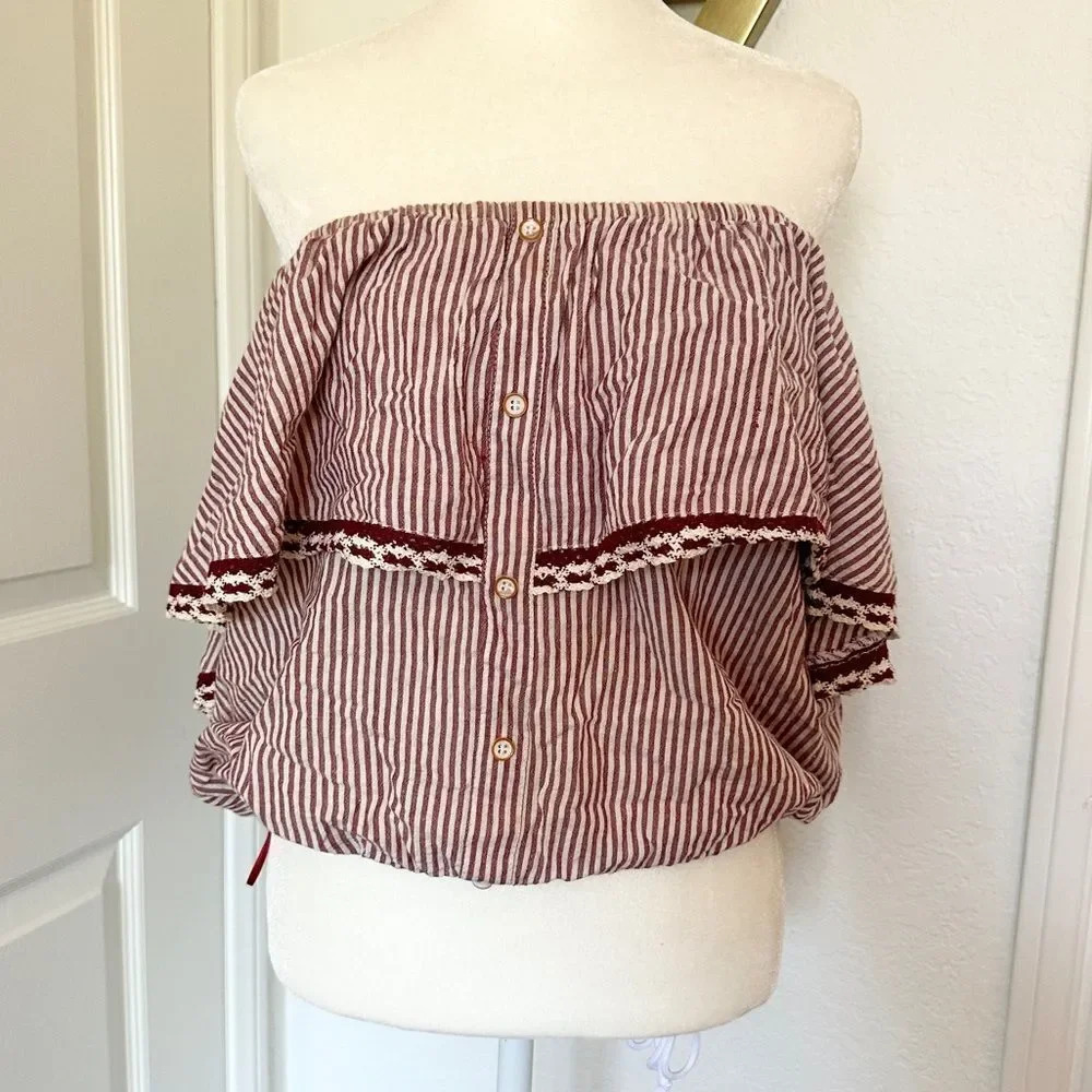Like New Hem and Thread Off the Shoulder Striped Crop Blouse